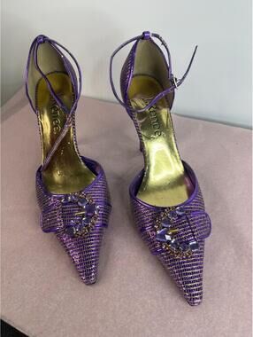 J Renee Tracy Purple Heels Size7.5 Pointed toe Ankle Strap Rhinestone 3.75" Heel